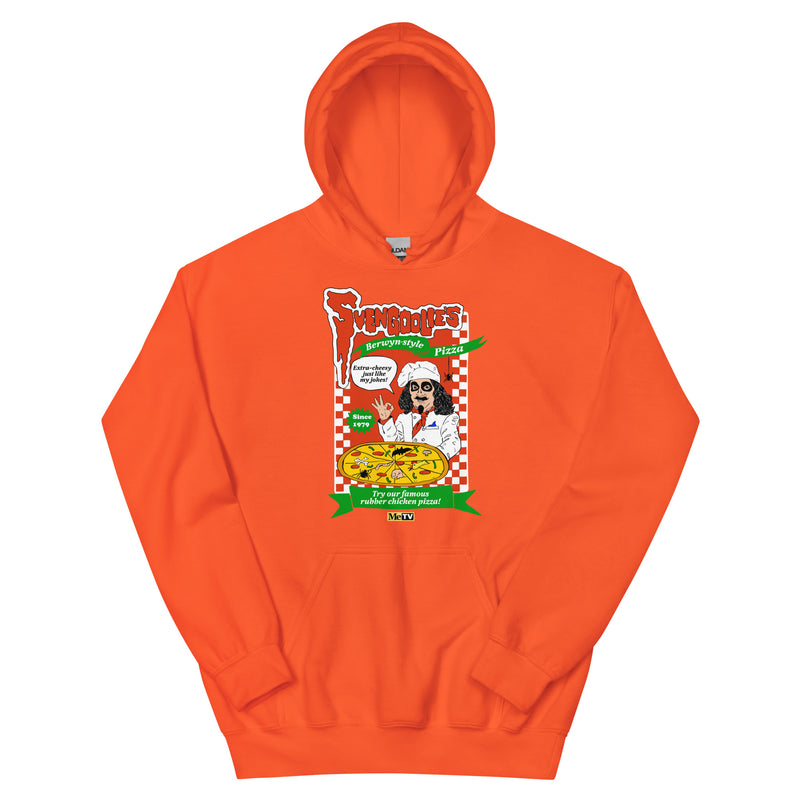 Front view of orange hoodie with a Svengoolie Berwyn-style Pizza graphic featuring the text 'Svengoolie' in white above it.