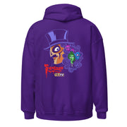 Back view of purple hoodie featuring Svengoolie in a top hat with curly hair, and the faces of the Sven Squad in his hair, with the text 'Svengoolie' in red and the MeTV logo.
