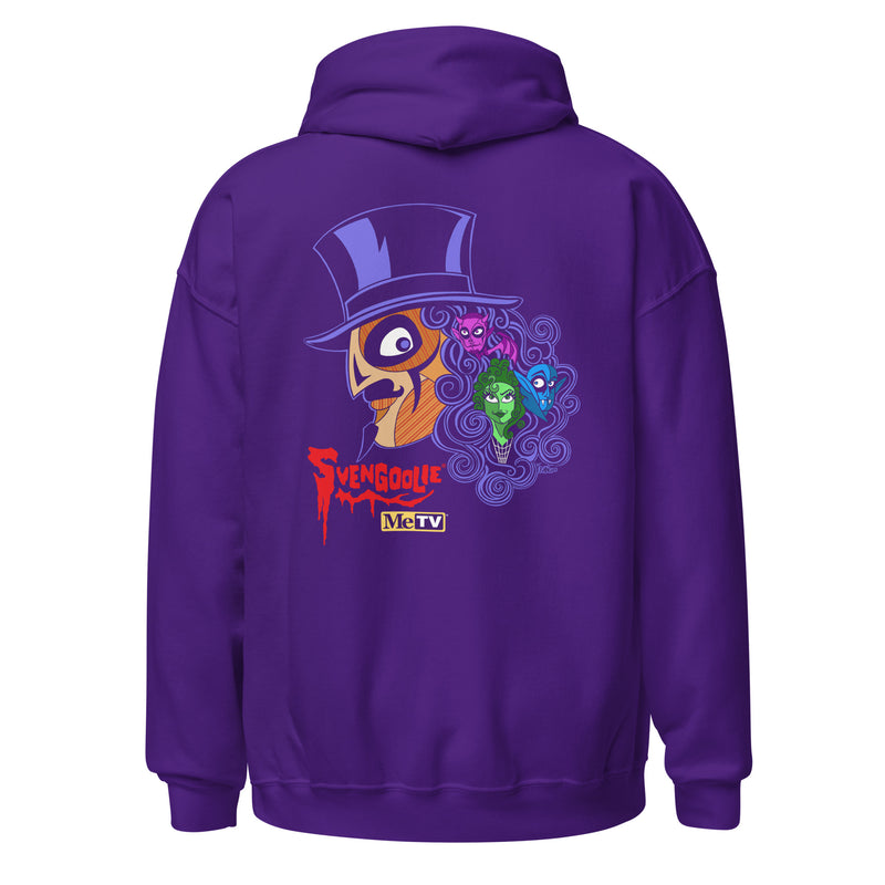 Back view of purple hoodie featuring Svengoolie in a top hat with curly hair, and the faces of the Sven Squad in his hair, with the text 'Svengoolie' in red and the MeTV logo.