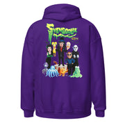 Back view of purple hoodie featuring Svengoolie and the Sven Squad alongside small monster characters with the text 'Svengoolie' in green dripping letters and a MeTV logo at the top.