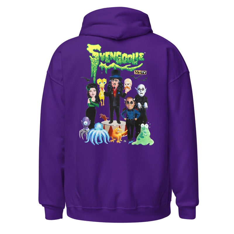 Back view of purple hoodie featuring Svengoolie and the Sven Squad alongside small monster characters with the text 'Svengoolie' in green dripping letters and a MeTV logo at the top.