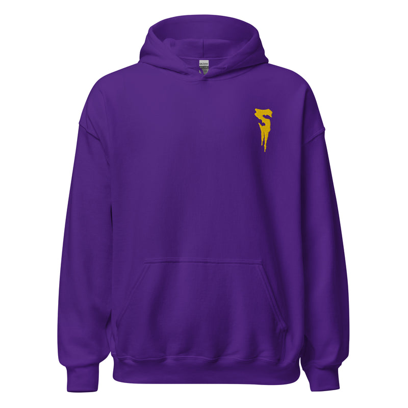 Purple pullover hoodie with hood, kangaroo pocket, and gold embroidered dripping S logo on the left chest.