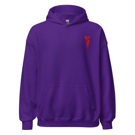 Purple pullover hoodie with a front pocket and a red embroidered Svengoolie dripping S logo on the left chest.