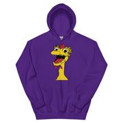 front view of Purple hoodie featuring a large cartoon Kerwyn head with a red comb, wide eyes, and an open mouth.
