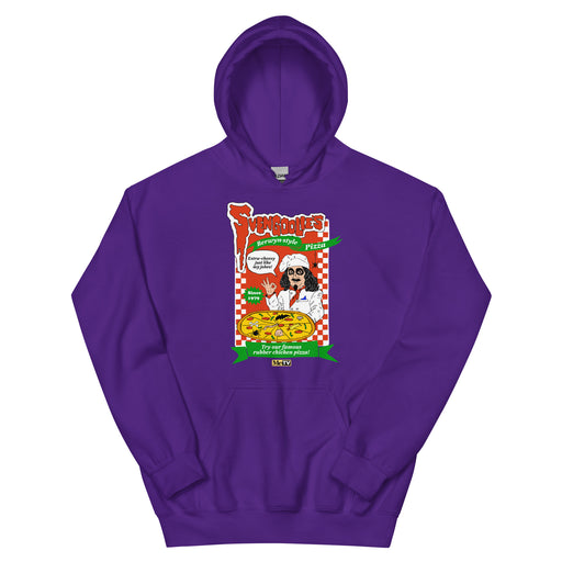 Purple hoodie featuring a Svengoolie pizza ad graphic with the text 'Svengoolie' in red at top and 'Berwyn-style Pizza' in green.