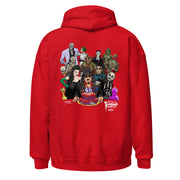 Back view of red hoodie featuring illustrated Svengoolie with cake surrounded by movie monsters, with 'Svengoolie' logo at lower right.