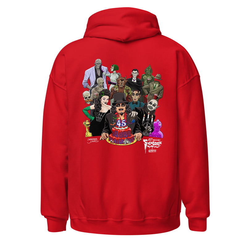 Back view of red hoodie featuring illustrated Svengoolie with cake surrounded by movie monsters, with 'Svengoolie' logo at lower right.