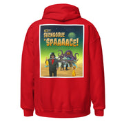 Back view of red hoodie with vintage poster art featuring the text 'SVENGOOLIE IN SPAAAACE!' in yellow and orange above an image of Svengoolie and the Sven Squad with a tentacled alien.