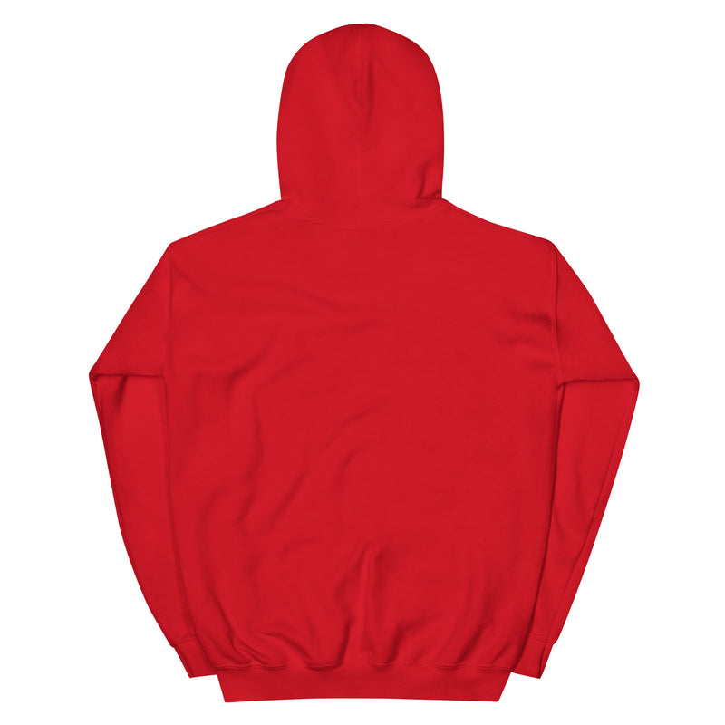 Back view of plain red Svengoolie hoodie with a hood and ribbed cuffs and hem, showing no printed graphic or text.