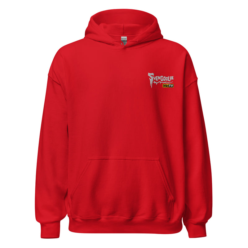 Front view of red pullover hoodie with a small white Svengoolie logo and 'MeTV' logo embroidered on the upper right chest