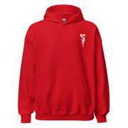 Red pullover hoodie with hood, kangaroo pocket, and white embroidered dripping S logo on the left chest.