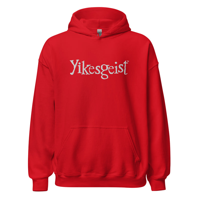 Red pullover hoodie with a front kangaroo pocket featuring the embroidered Yikesgeist™ logo with the text 'Yikesgeist' in white across the chest.
