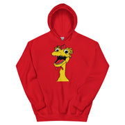 front view of Red hoodie featuring a large cartoon Kerwyn head with a red comb, wide eyes, and an open mouth.