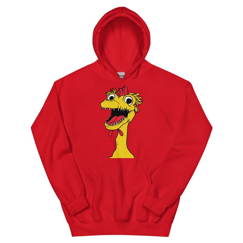 front view of Red hoodie featuring a large cartoon Kerwyn head with a red comb, wide eyes, and an open mouth.