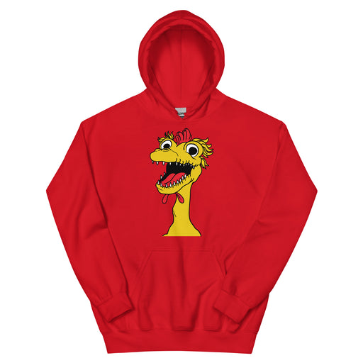 front view of Red hoodie featuring a large cartoon Kerwyn head with a red comb, wide eyes, and an open mouth.