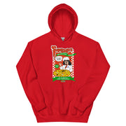 Red hoodie featuring a Svengoolie chef graphic holding a pizza with the text 'Svengoolie' in red dripping letters above it and 'Berwyn-style Pizza' on green ribbons.