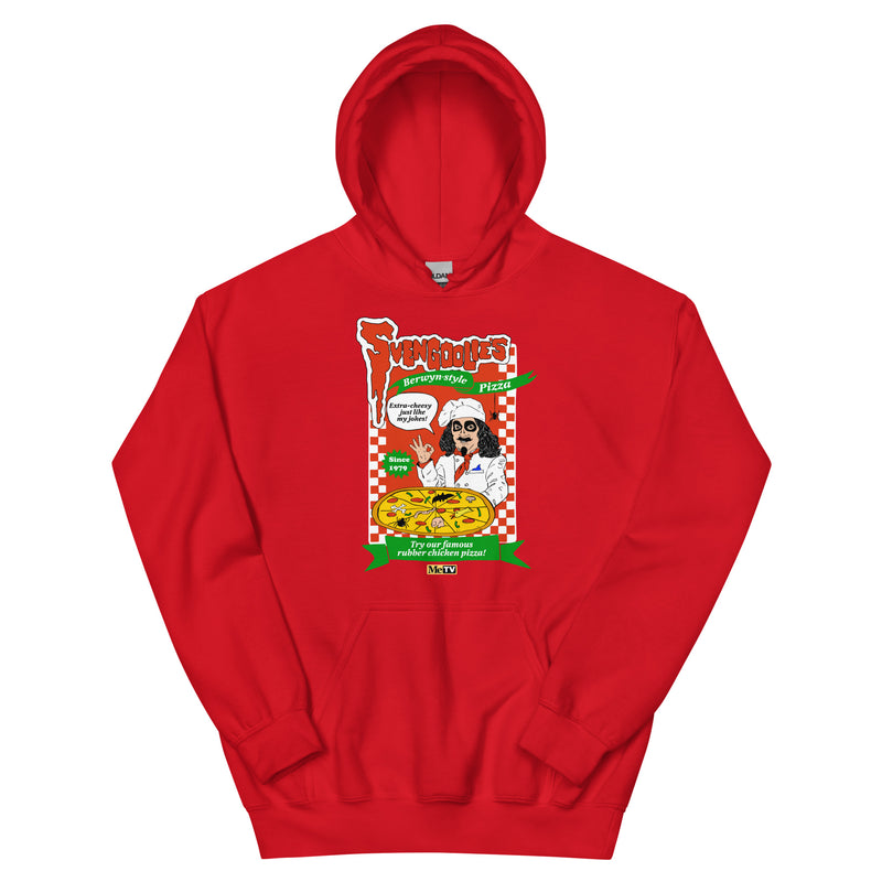 Red hoodie featuring a Svengoolie chef graphic holding a pizza with the text 'Svengoolie' in red dripping letters above it and 'Berwyn-style Pizza' on green ribbons.