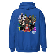 Back view of royal blue hoodie featuring illustrated Svengoolie with cake surrounded by movie monsters, with 'Svengoolie' logo at lower right.