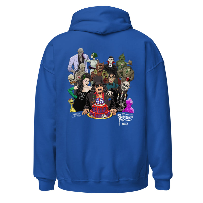 Back view of royal blue hoodie featuring illustrated Svengoolie with cake surrounded by movie monsters, with 'Svengoolie' logo at lower right.