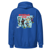 Back view of blue hoodie featuring a cartoon band of Svengoolie characters with red SVENGOOLIE STOMP text above and Svengoolie logo at lower left