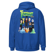 Back view of royal blue pullover hoodie featuring Svengoolie, the Sven Squad and classic monster characters with the text 'Svengoolie' in green slime letters at top.