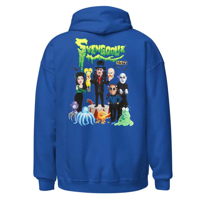 Back view of royal blue pullover hoodie featuring Svengoolie, the Sven Squad and classic monster characters with the text 'Svengoolie' in green slime letters at top.