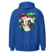 Back view of royal blue pullover hoodie featuring Svengoolie and characters with a Hollywood map, with the text 'Svengoolie' in red at top.