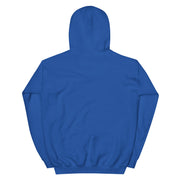 Back view of royal blue pullover hoodie with a plain back and no visible graphic or text.