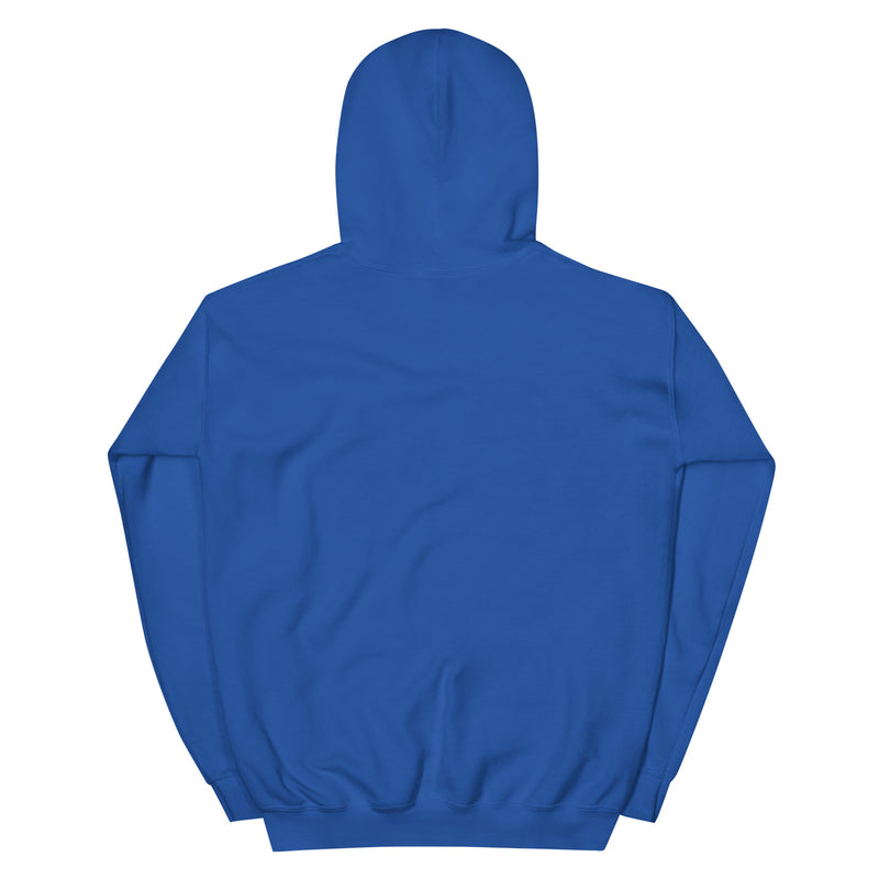 Back view of royal blue pullover hoodie with a plain back and no visible graphic or text.