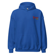 Front view of royal blue pullover hoodie with a small red Svengoolie logo and 'MeTV' logo embroidered on the upper right chest