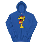 front view of Royal Blue hoodie featuring a large cartoon Kerwyn head with a red comb, wide eyes, and an open mouth.