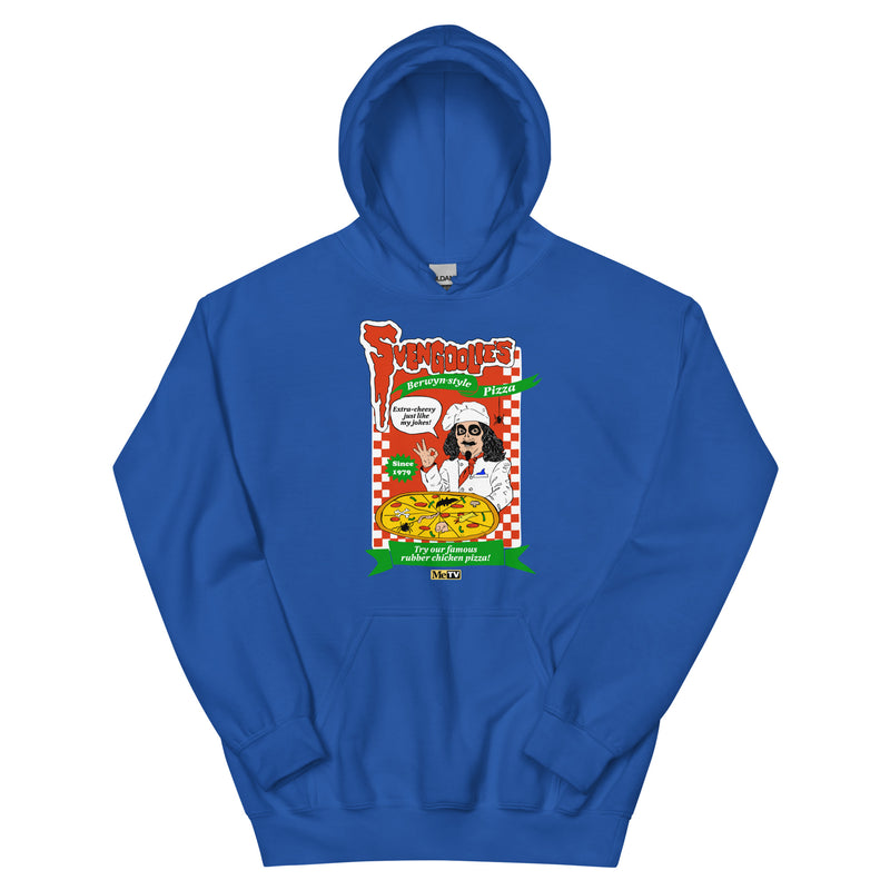 Royal blue hoodie featuring a retro pizza box graphic with the Svengoolie logo and the text 'Berwyn-style Pizza' in red and green.