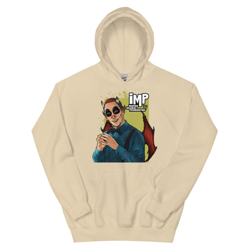 Sand hoodie featuring a cartoon portrait of the Imp with the text 'iMP' in white.