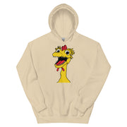 front view of tan hoodie featuring a large cartoon Kerwyn head with a red comb, wide eyes, and an open mouth.