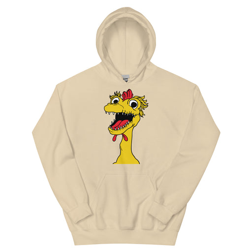 front view of tan hoodie featuring a large cartoon Kerwyn head with a red comb, wide eyes, and an open mouth.