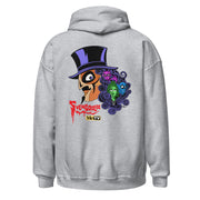 Back view of gray hoodie featuring Svengoolie in a top hat with curly hair, and the faces of the Sven Squad in his hair, with the text 'Svengoolie' in red and the MeTV logo.