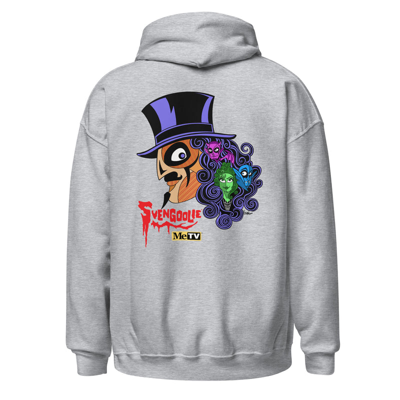 Back view of gray hoodie featuring Svengoolie in a top hat with curly hair, and the faces of the Sven Squad in his hair, with the text 'Svengoolie' in red and the MeTV logo.