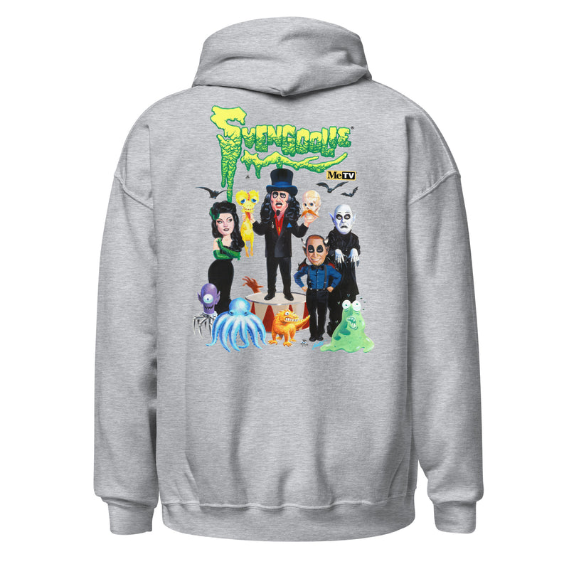 Back view of gray zip-up hoodie featuring a group of cartoon monsters around Svengoolie in a top hat, with the green text 'Svengoolie' above.
