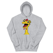 front view of light gray hoodie featuring a large cartoon Kerwyn head with a red comb, wide eyes, and an open mouth.