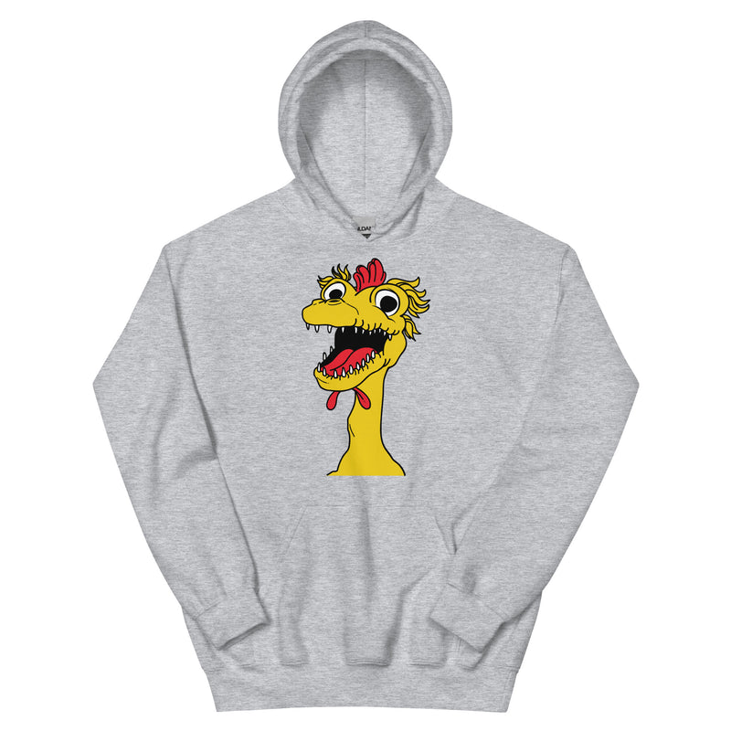 front view of light gray hoodie featuring a large cartoon Kerwyn head with a red comb, wide eyes, and an open mouth.