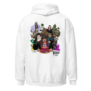 Back view of white hoodie featuring illustrated Svengoolie with cake surrounded by movie monsters, with 'Svengoolie' logo at lower right.