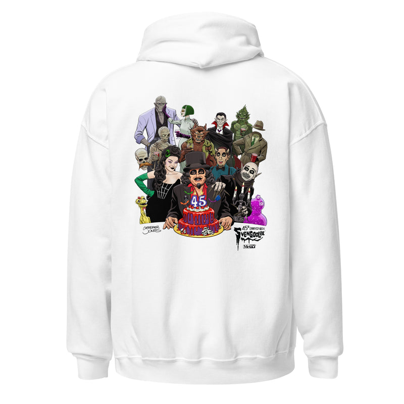 Back view of white hoodie featuring illustrated Svengoolie with cake surrounded by movie monsters, with 'Svengoolie' logo at lower right.