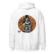 Back view of White zip-up hoodie featuring Svengoolie holding a rubber chicken, by a TV with Orange circle border. Svengoolie logo at lower left.