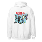 Back view of white hoodie featuring Cartoon band of Svengoolie characters with SVENGOOLIE STOMP text above and Svengoolie logo at lower left