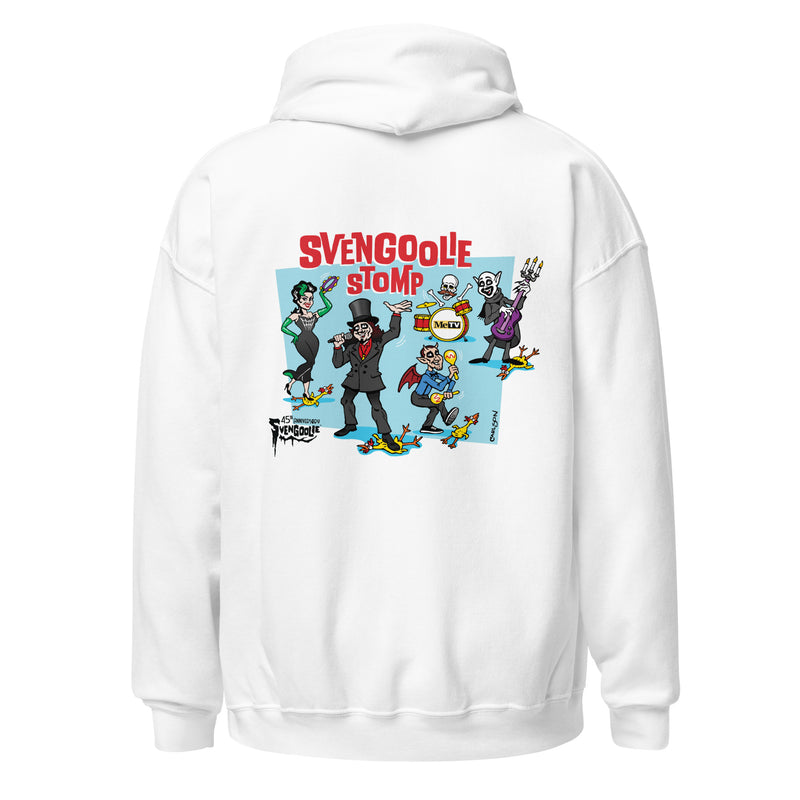 Back view of white zip-up hoodie featuring a cartoon band of Svengoolie characters with red SVENGOOLIE STOMP text above. Svengoolie logo at lower left