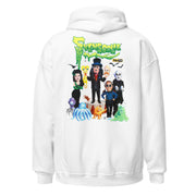 Back view of white pullover hoodie featuring Svengoolie, the Sven Squad and classic monster characters with the text 'Svengoolie' in green slime letters at top.