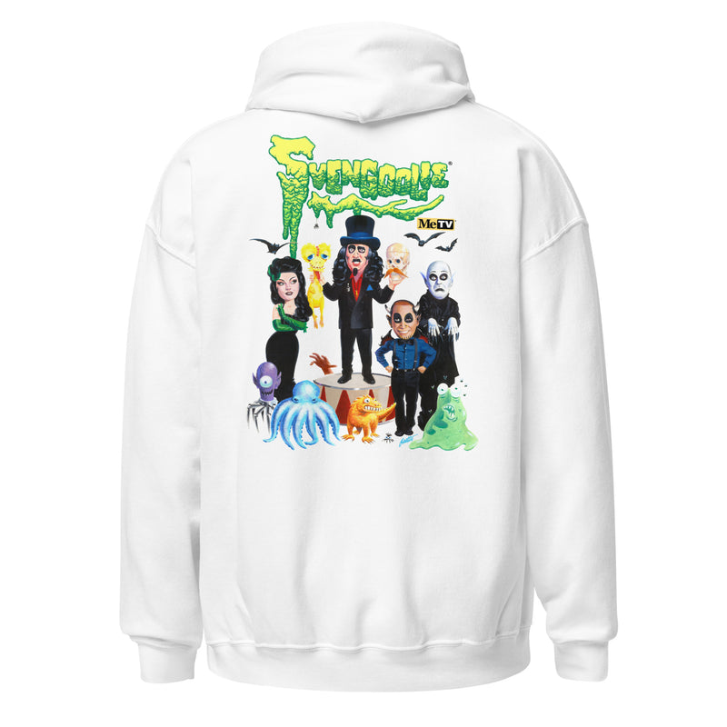 Back view of white pullover hoodie featuring Svengoolie, the Sven Squad and classic monster characters with the text 'Svengoolie' in green slime letters at top.