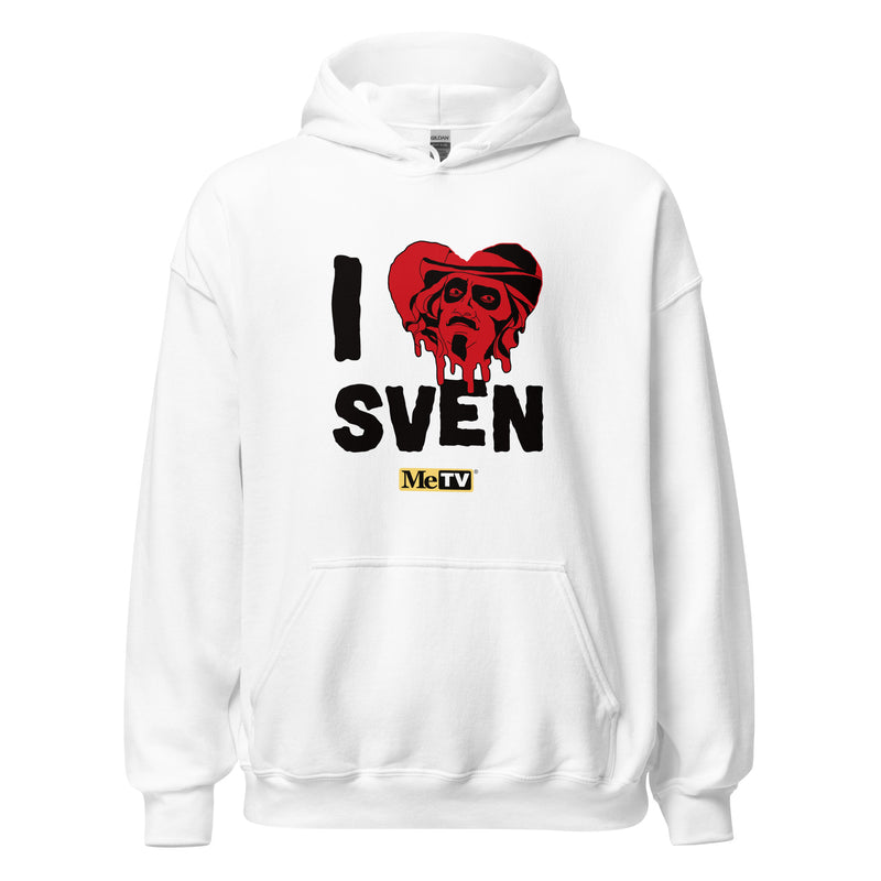 White pullover hoodie featuring a red heart with a Svengoolie face graphic included in the text 'I Heart Sven' in black above and the MeTV logo below it.