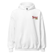 Front view of white pullover hoodie with a small red Svengoolie logo and 'MeTV' logo embroidered on the upper right chest