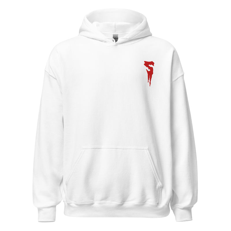 White pullover hoodie with a red embroidered Svengoolie S logo on the left chest and a front kangaroo pocket.